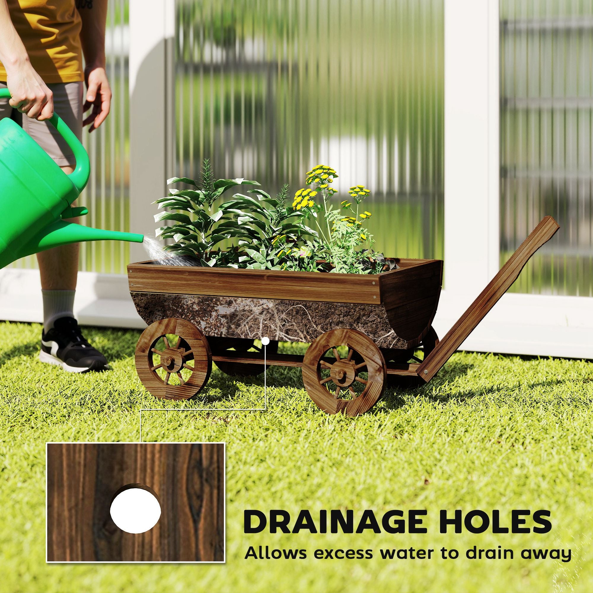 Wooden Wagon Planter Box, Mobile Garden Planter with 4 Wheels, Small Wheelbarrow Wagon Flower Cart with Drainage Hole – product view 5 of 11
