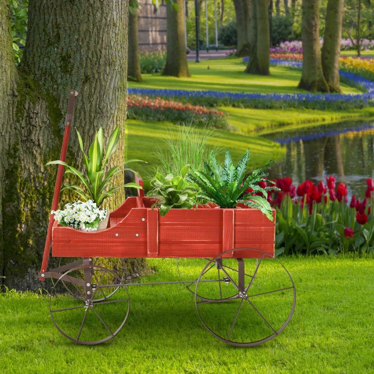 Wooden Wagon Plant Bed with Metal Wheels for Garden Yard Patio – product view 3 of 12