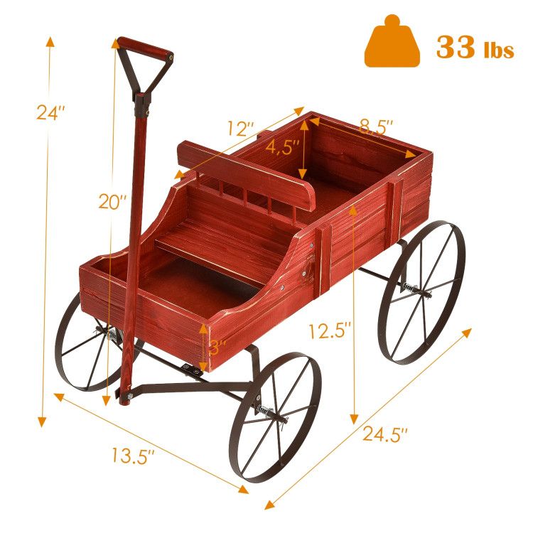 Wooden Wagon Plant Bed with Metal Wheels for Garden Yard Patio – product view 5 of 12