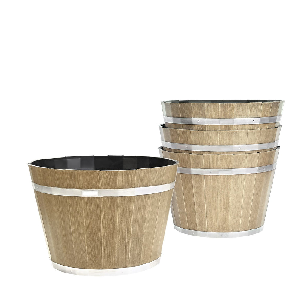 Plant Pots, 4 Pack 11.81 inch Whiskey Barrel Planters with Drainage Holes, Large Outside Plastic Decoration Flower Pot Imitation Wine Barrel Design for Indoor Outdoor Garden Home Plants, Brown – product view 6 of 9