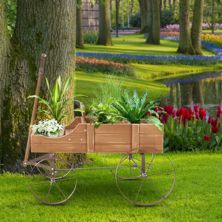 Wooden Wagon Plant Bed with Metal Wheels for Garden Yard Patio – product view 32 of 50
