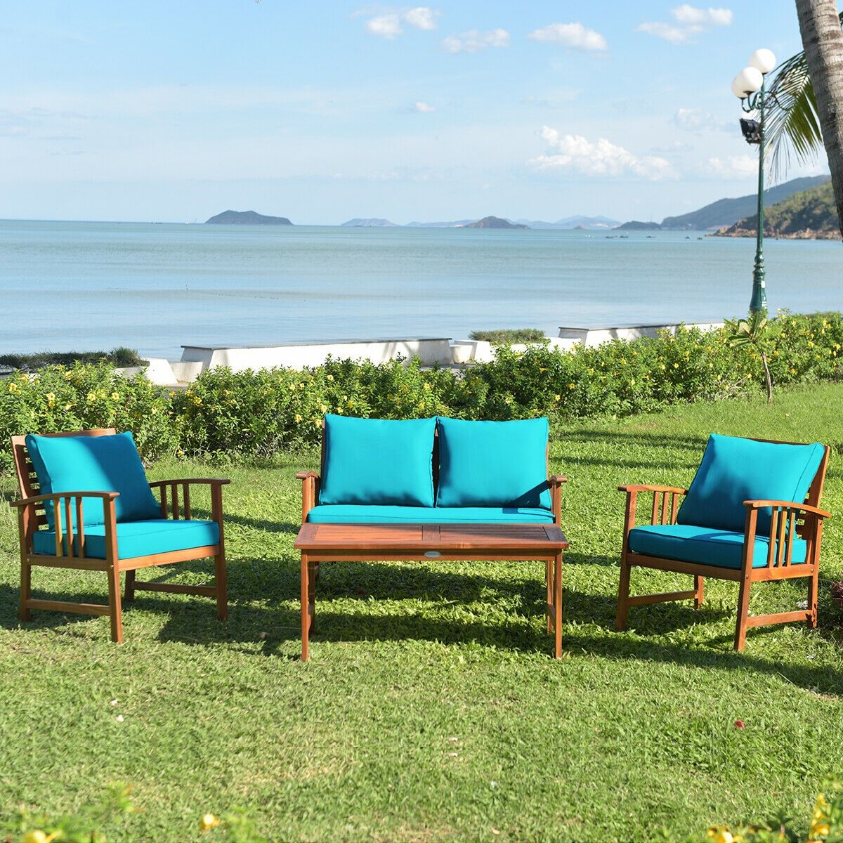 4-Piece Acacia Patio Sofa Set with Turquoise Cushions – product view 2 of 10