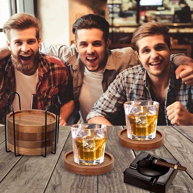 Set of 6 Acacia Wood Coasters with Holder – product view 2 of 3