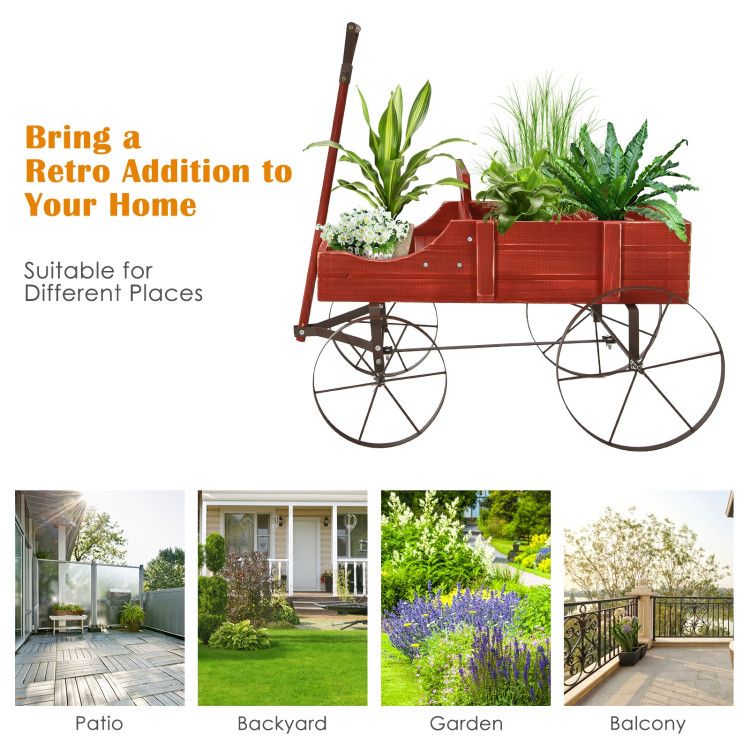 Wooden Wagon Plant Bed with Metal Wheels for Garden Yard Patio – product view 8 of 12