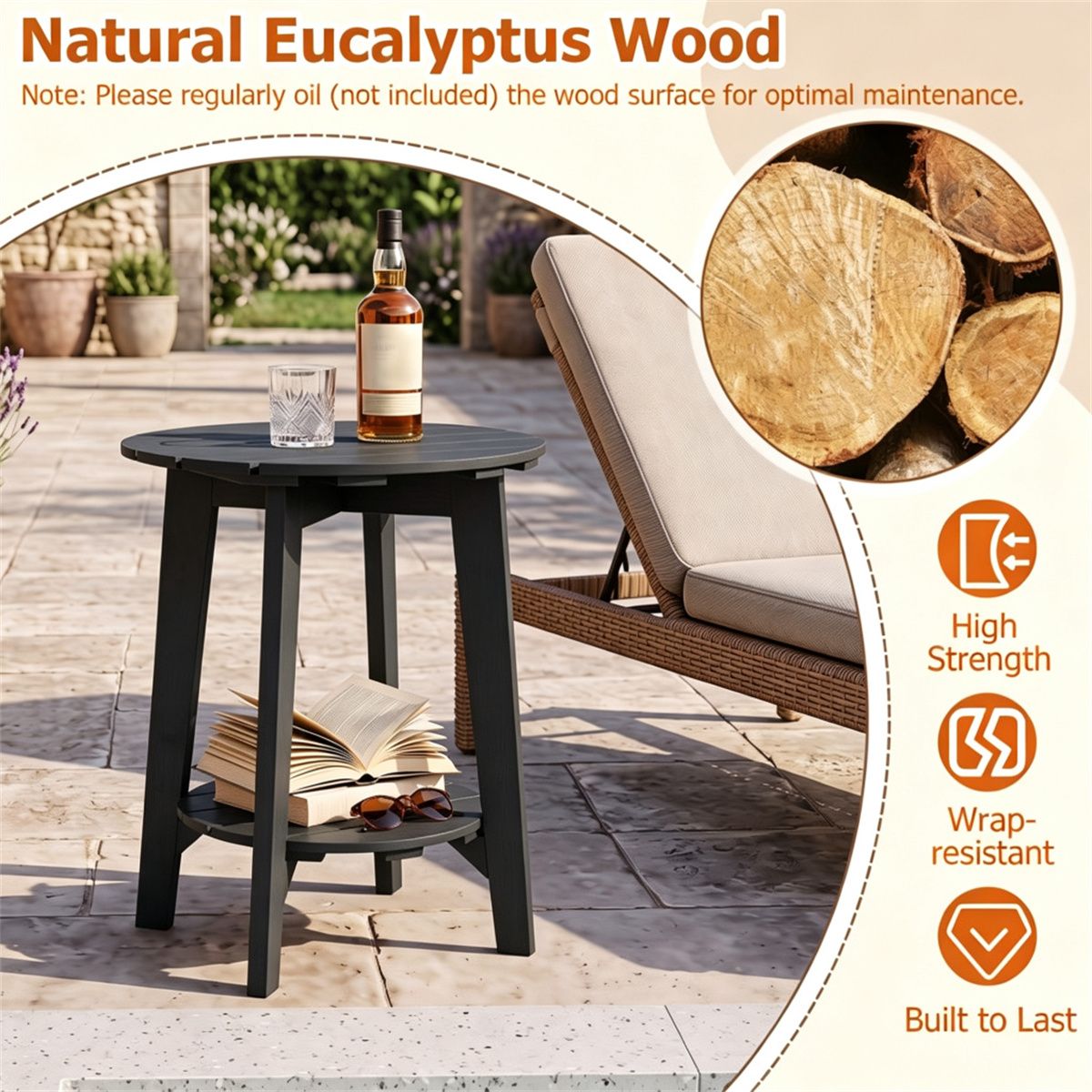 2-Tier Black Eucalyptus Patio Side Table – product view 5 of 9