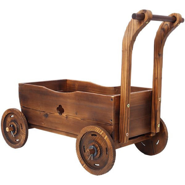 Wooden Wagon Planter Box, Mobile Garden Planter with 4 Wheels, Handle, Drain Hole, Decorative Flower Planter for Indoor & Outdoor Decor, Wooden Flower Cart for Patio, Garden, Balcony, Brown – product view 11 of 15