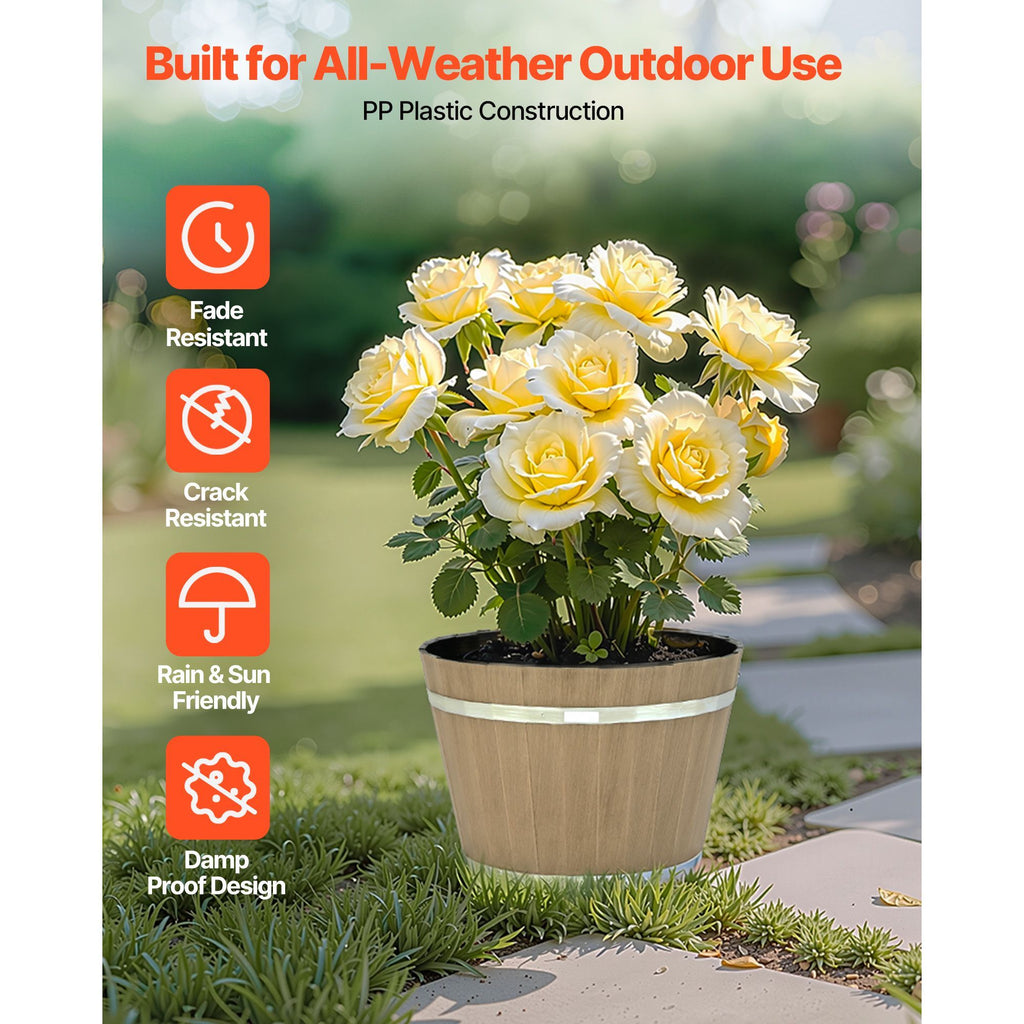 Plant Pots, 4 Pack 11.81 inch Whiskey Barrel Planters with Drainage Holes, Large Outside Plastic Decoration Flower Pot Imitation Wine Barrel Design for Indoor Outdoor Garden Home Plants, Brown – product view 8 of 9