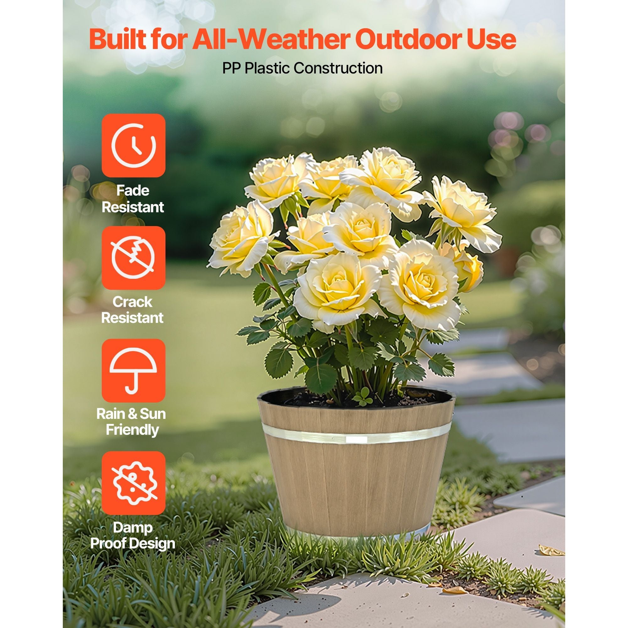 Plant Pots, 4 Pack 11.81 inch Whiskey Barrel Planters with Drainage Holes, Large Outside Plastic Decoration Flower Pot Imitation Wine Barrel Design for Indoor Outdoor Garden Home Plants, Brown – product view 8 of 9