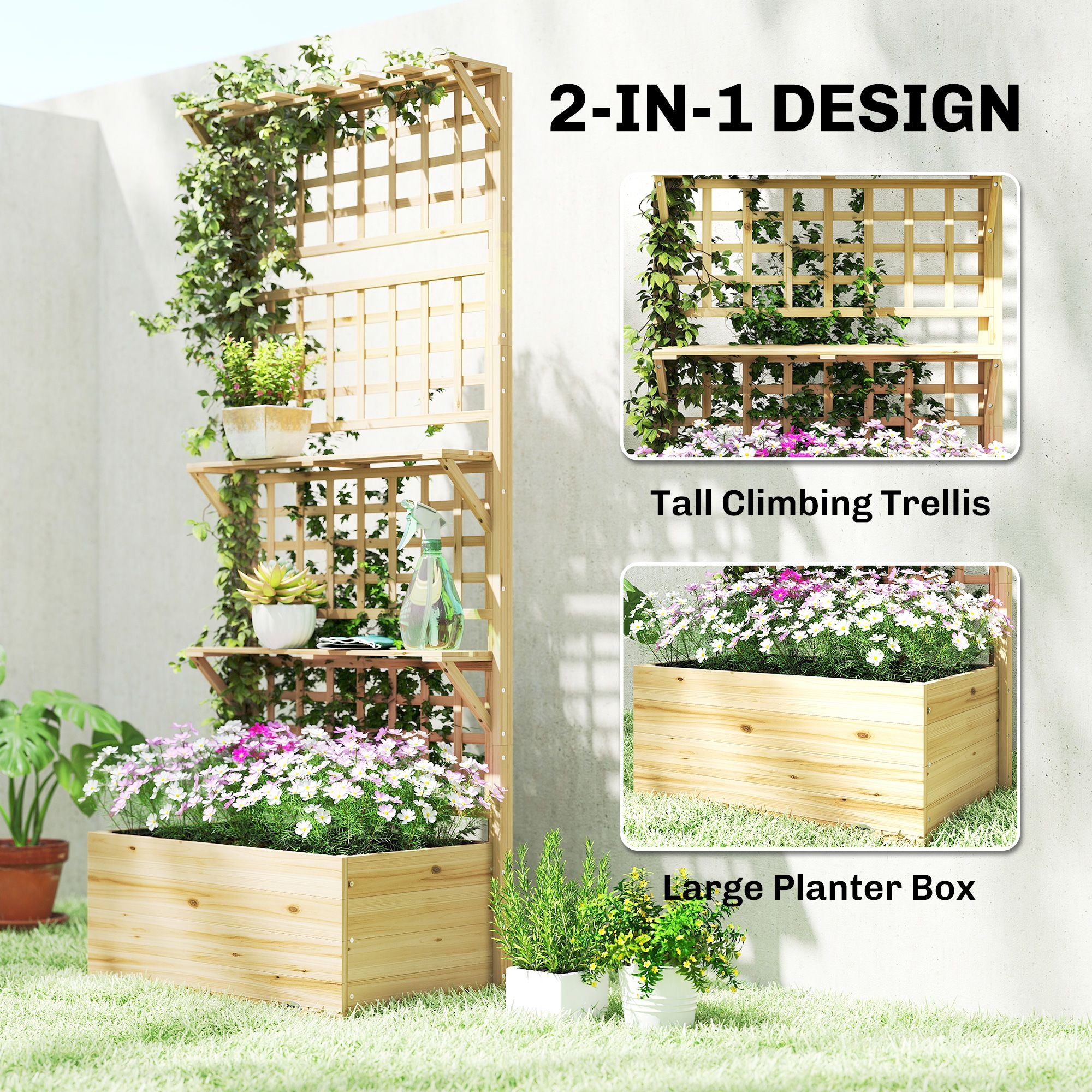 Wooden Raised Garden Bed with Trellis and Roof, Elevated Planter Box with 2 Shelves, Drainage Hole and Liner, Natural – product view 4 of 11