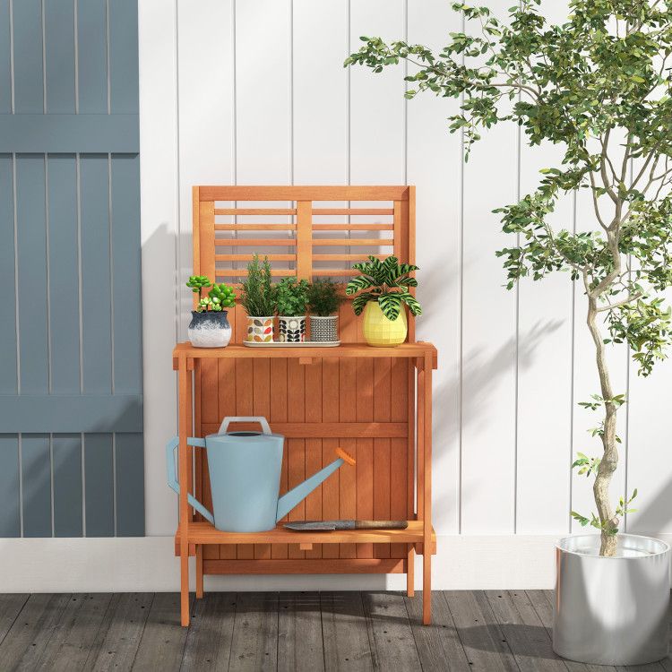 Folding Garden Potting Bench with 2-tier Storage Shelves and Teak Oil Finish for Garden Yard Balcony – product view 3 of 9