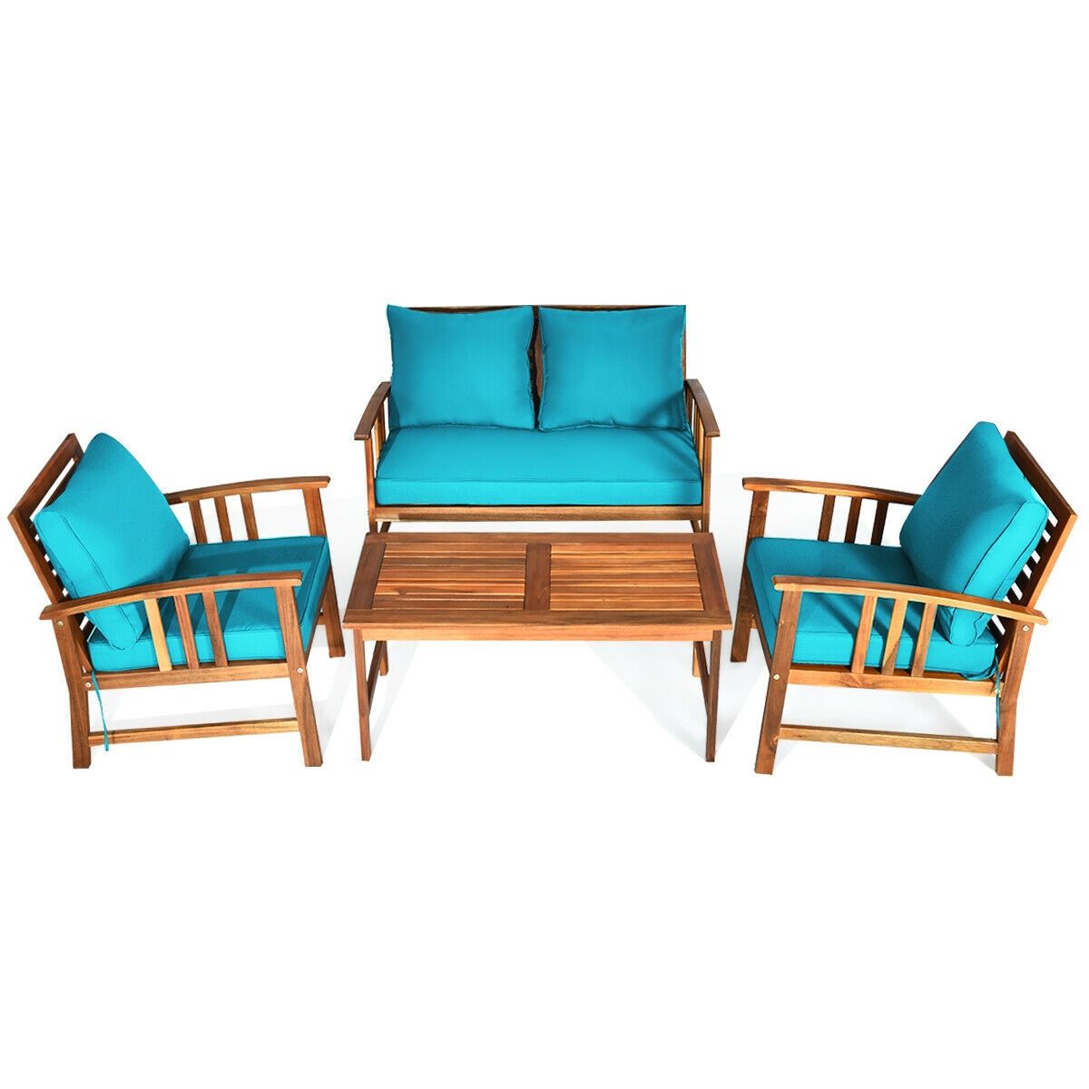 4-Piece Acacia Patio Sofa Set with Turquoise Cushions – product view 6 of 10