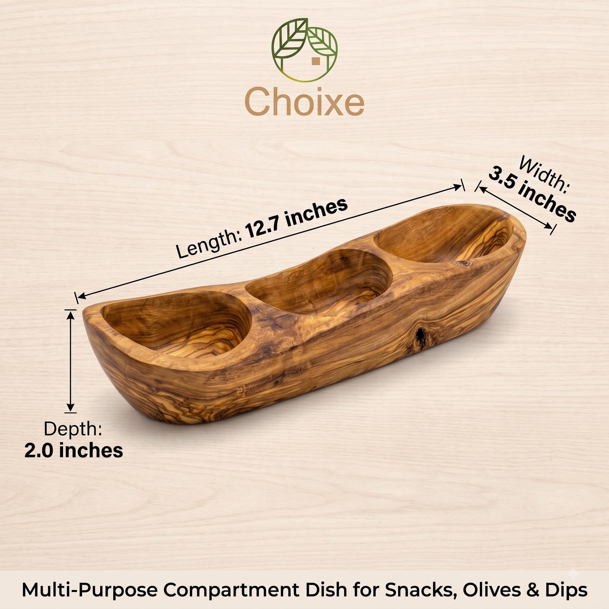 12.7-Inch Olive Wood 3-Compartment Serving Dish – product view 3 of 7