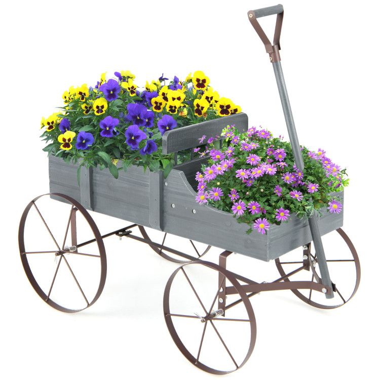 Wooden Wagon Plant Bed with Metal Wheels for Garden Yard Patio – product view 5 of 50