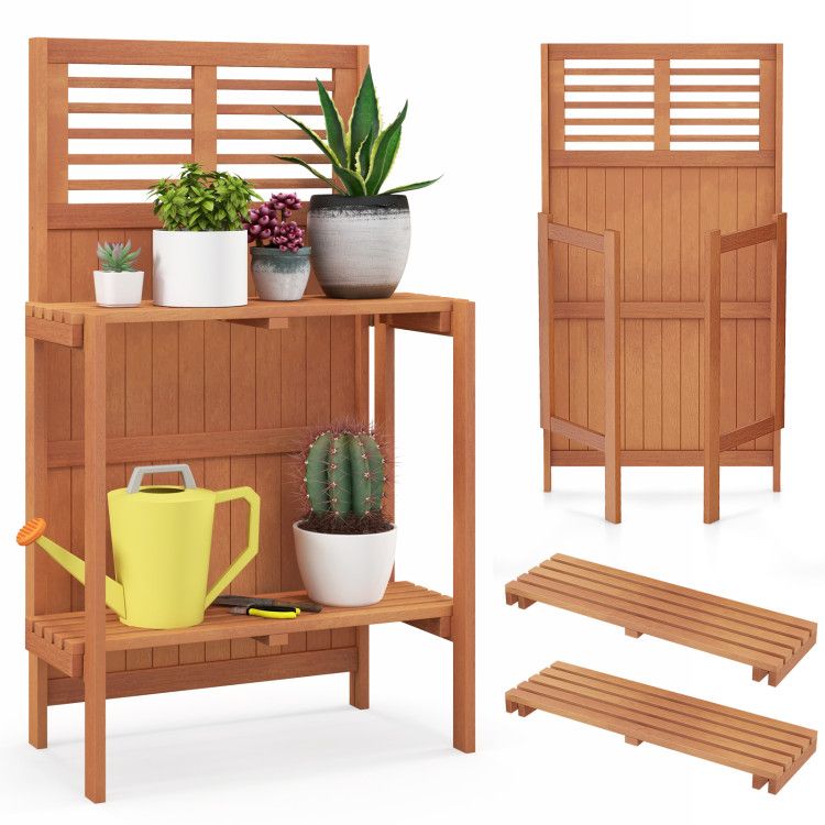 Folding Garden Potting Bench with 2-tier Storage Shelves and Teak Oil Finish for Garden Yard Balcony – product view 4 of 9