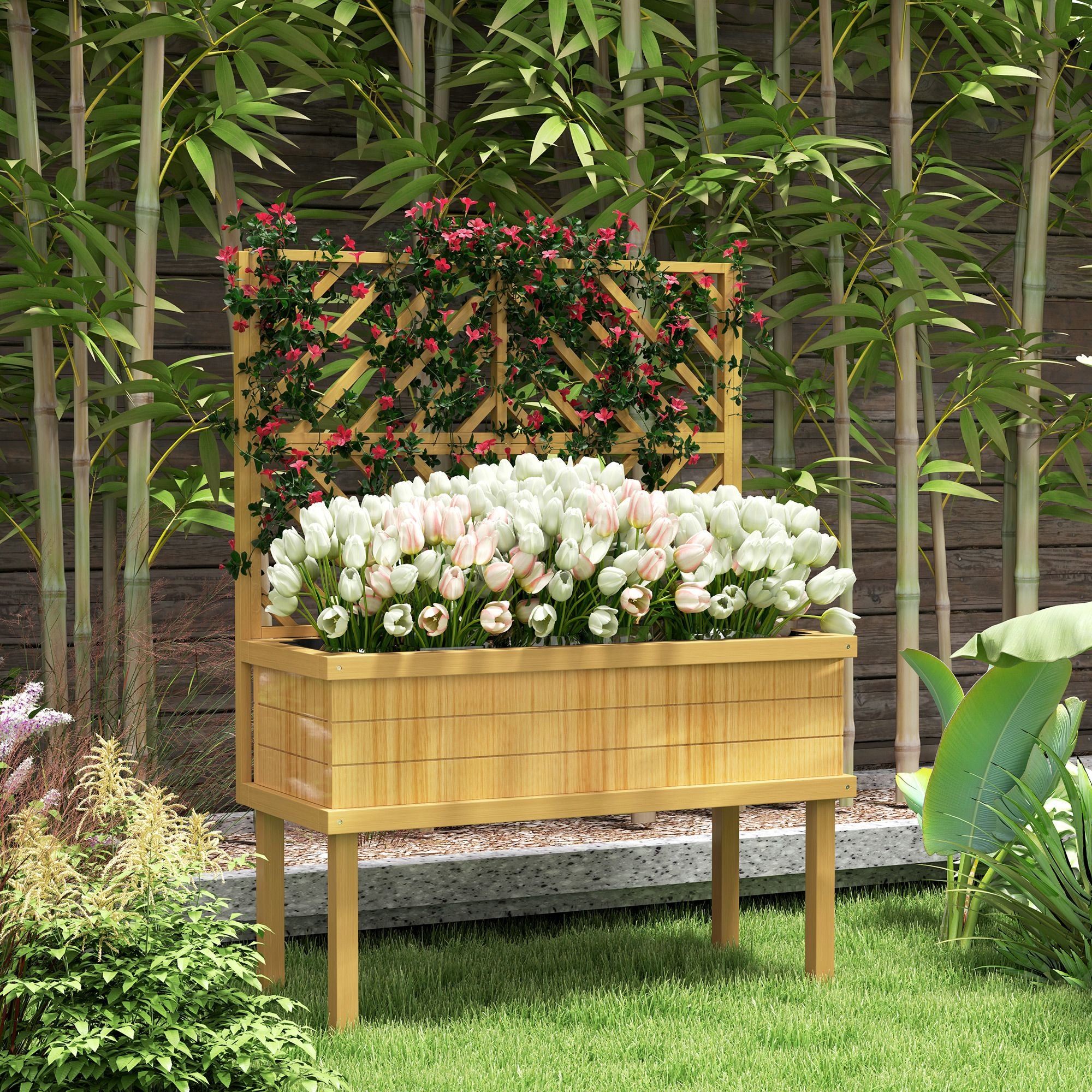 Elevated Wood Planter with Trellis for Climbing Plants, Raised Garden Bed with Legs and Drainage Holes, Natural Wood – product view 10 of 11