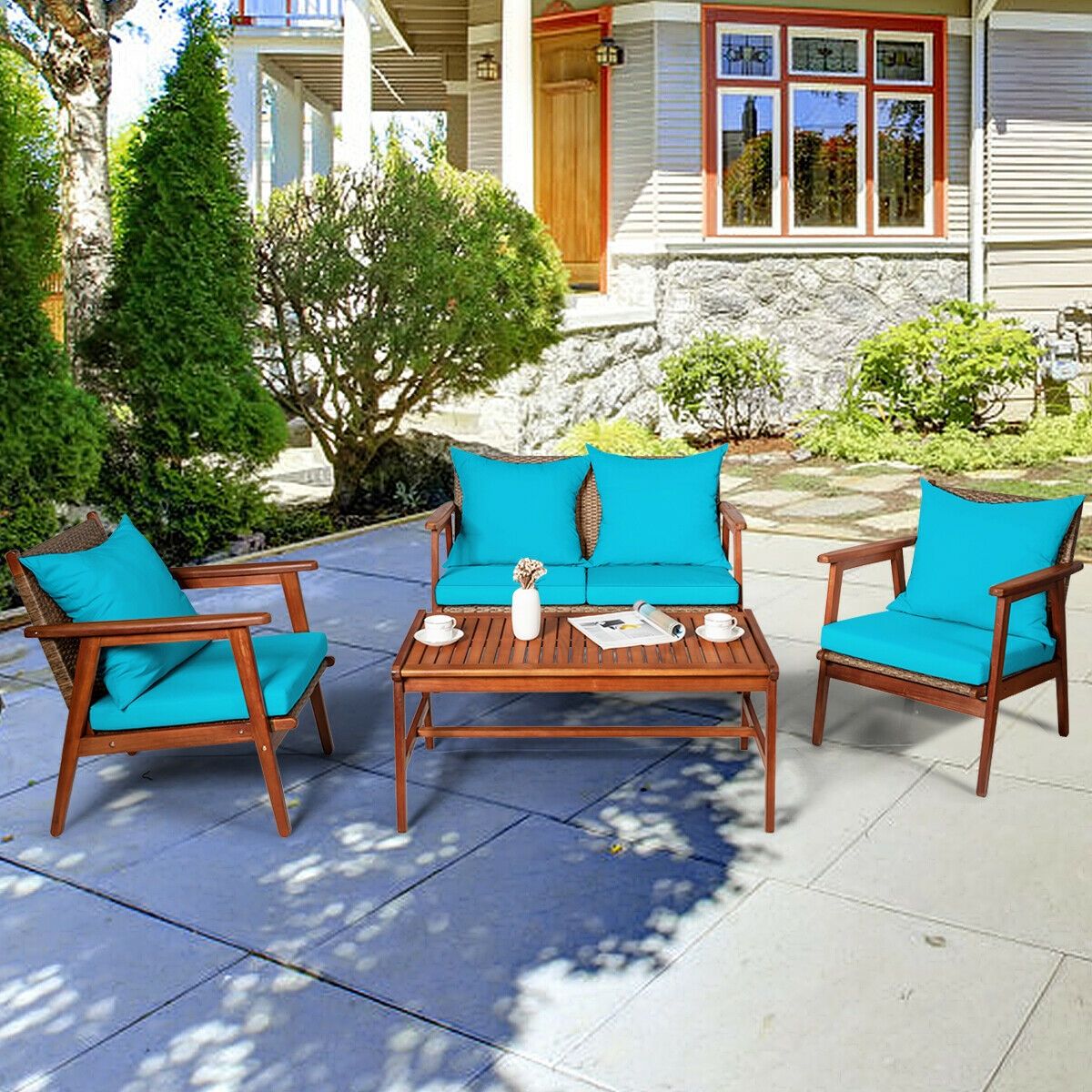 4-Piece Acacia Rattan Patio Set with Cushions – product view 11 of 16