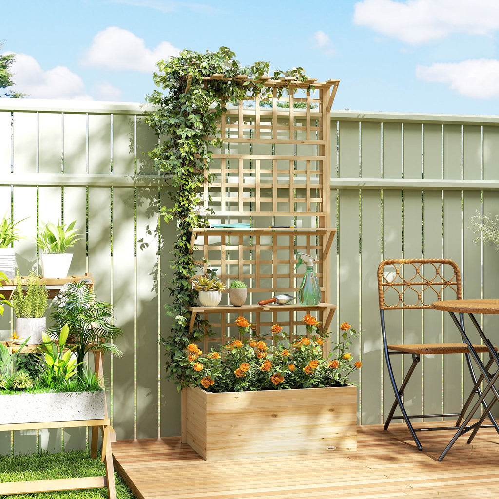 Wooden Raised Garden Bed with Trellis and Roof, Elevated Planter Box with 2 Shelves, Drainage Hole and Liner, Natural – product view 2 of 11