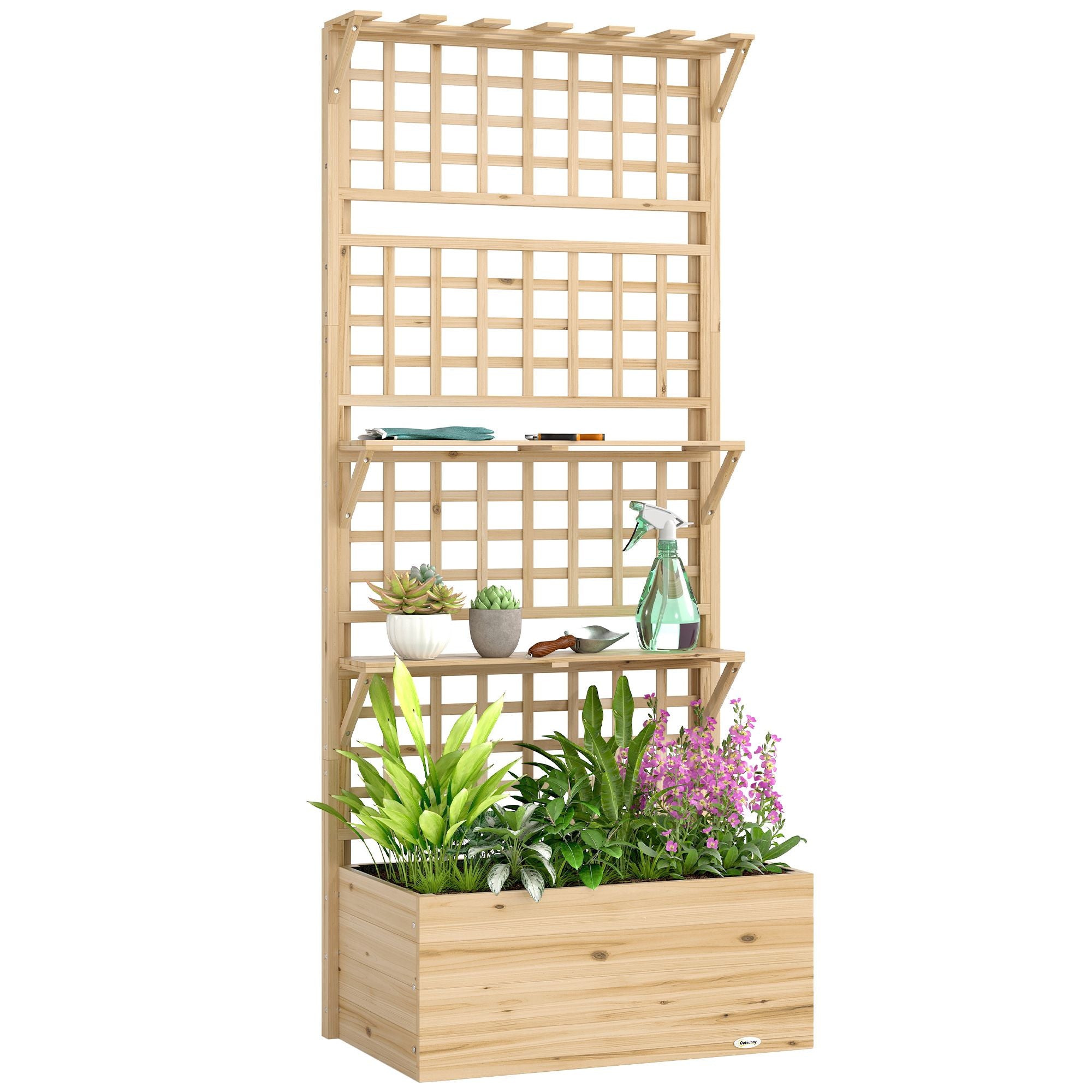 Wooden Raised Garden Bed with Trellis and Roof, Elevated Planter Box with 2 Shelves, Drainage Hole and Liner, Natural – product view 11 of 11