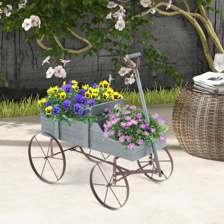 Wooden Wagon Plant Bed with Metal Wheels for Garden Yard Patio – product view 49 of 50