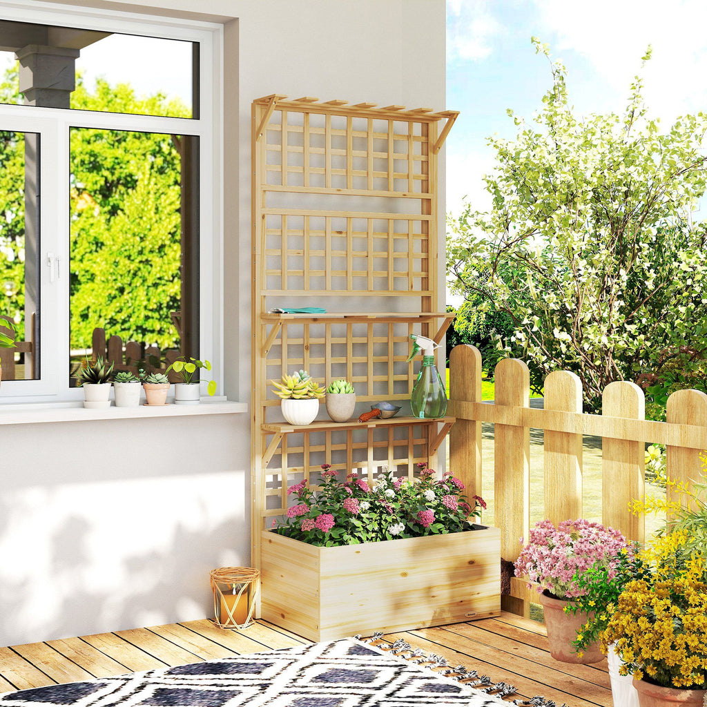 Wooden Raised Garden Bed with Trellis and Roof, Elevated Planter Box with 2 Shelves, Drainage Hole and Liner, Natural – product view 10 of 11