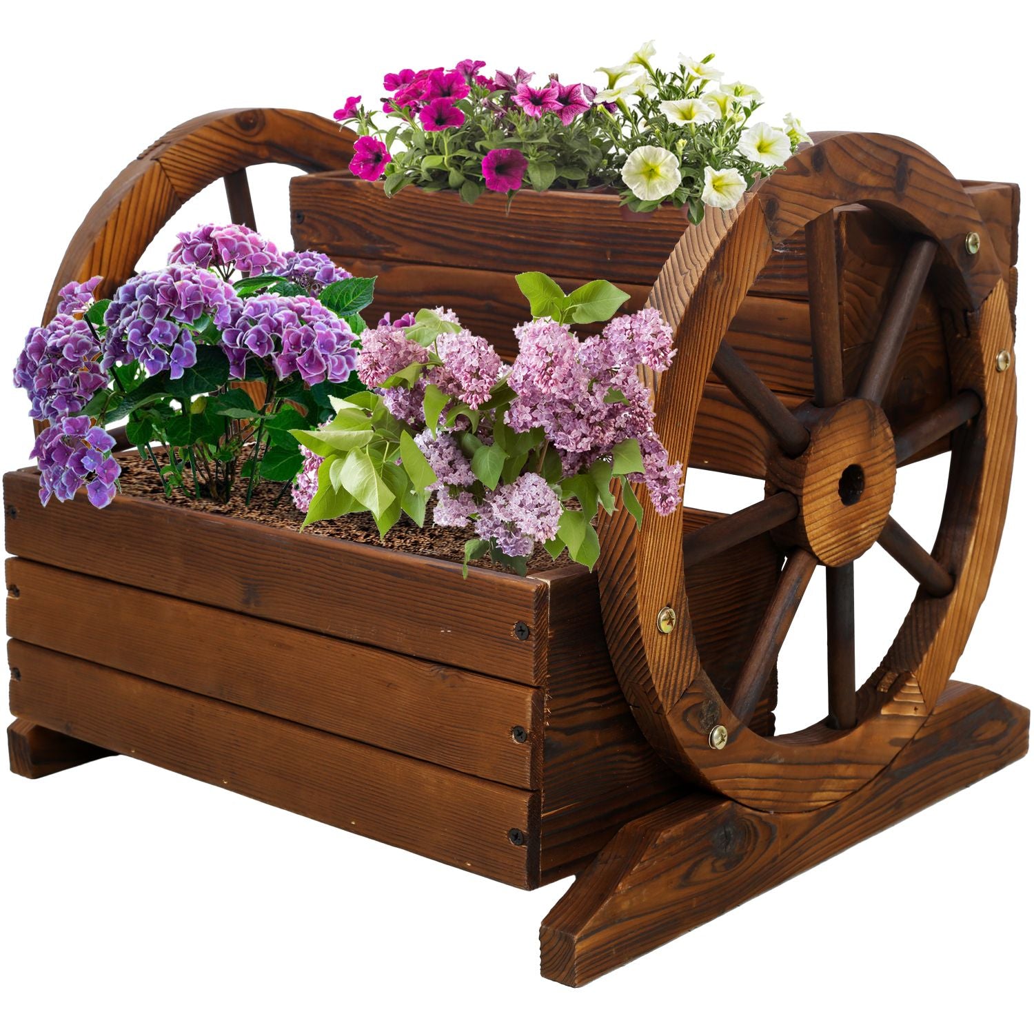 2-Tier Fir Wood Wagon Planter with Wheels – product view 8 of 9
