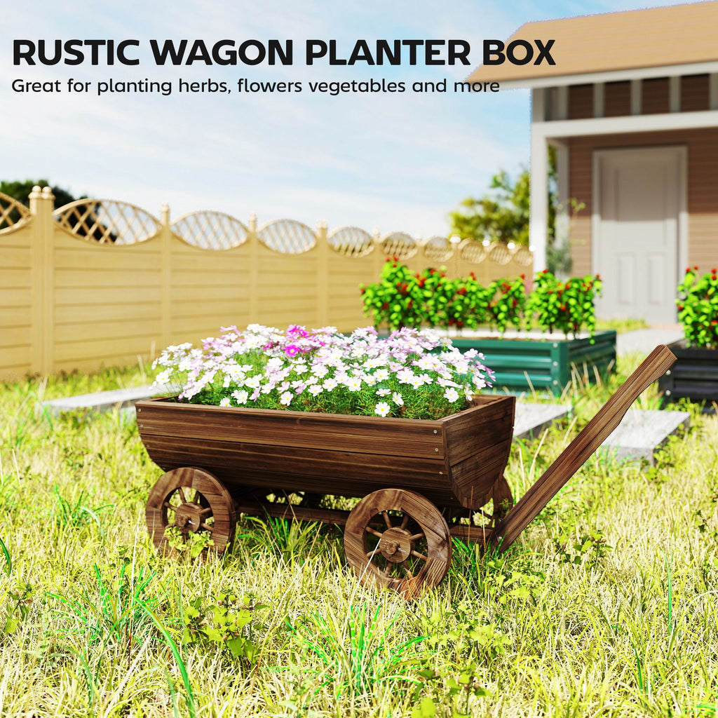 Wooden Wagon Planter Box, Mobile Garden Planter with 4 Wheels, Small Wheelbarrow Wagon Flower Cart with Drainage Hole – product view 4 of 11