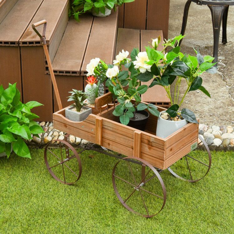 Wooden Wagon Plant Bed with Metal Wheels for Garden Yard Patio – product view 28 of 50
