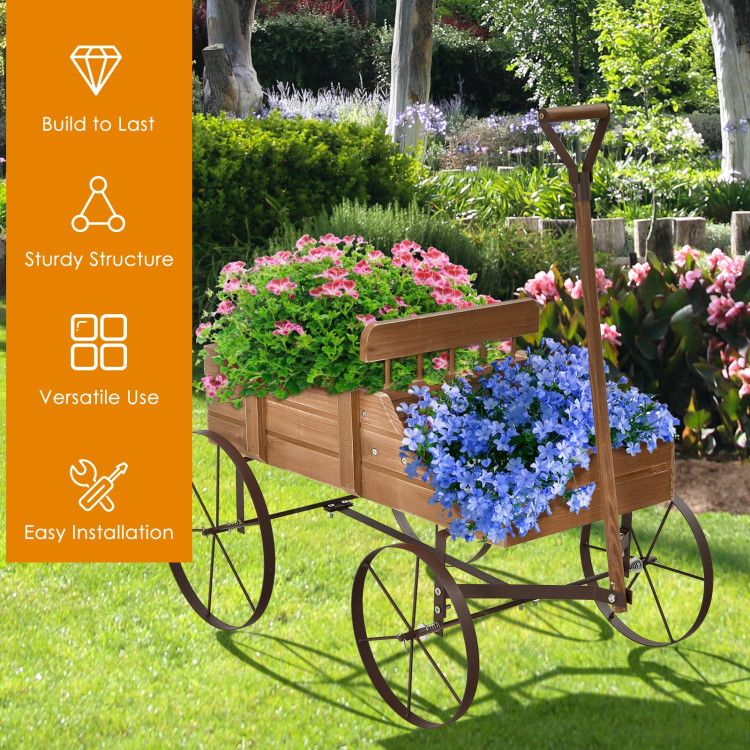 Wooden Wagon Plant Bed with Metal Wheels for Garden Yard Patio – product view 35 of 50
