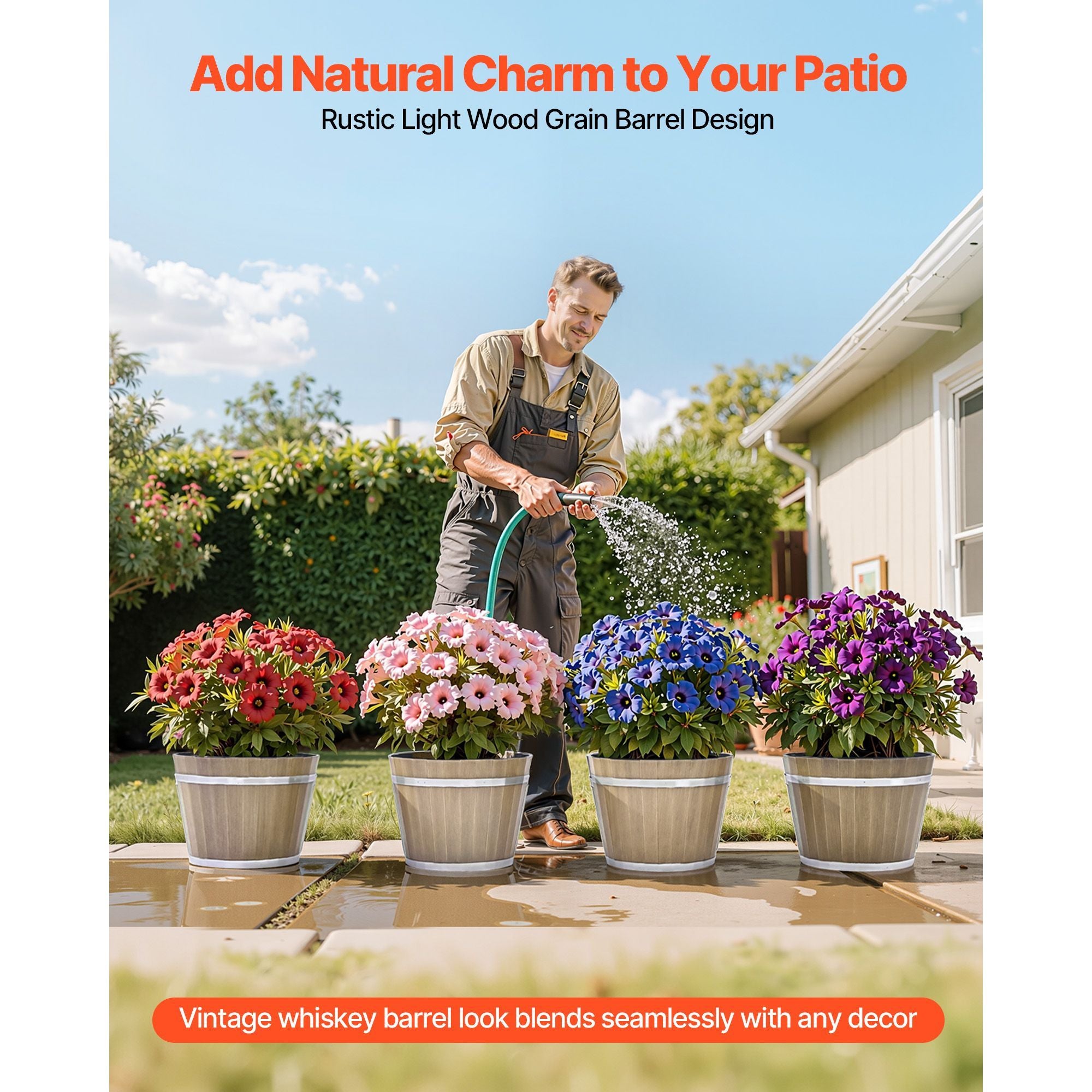 Plant Pots, 4 Pack 11.81 inch Whiskey Barrel Planters with Drainage Holes, Large Outside Plastic Decoration Flower Pot Imitation Wine Barrel Design for Indoor Outdoor Garden Home Plants, Brown – product view 7 of 9