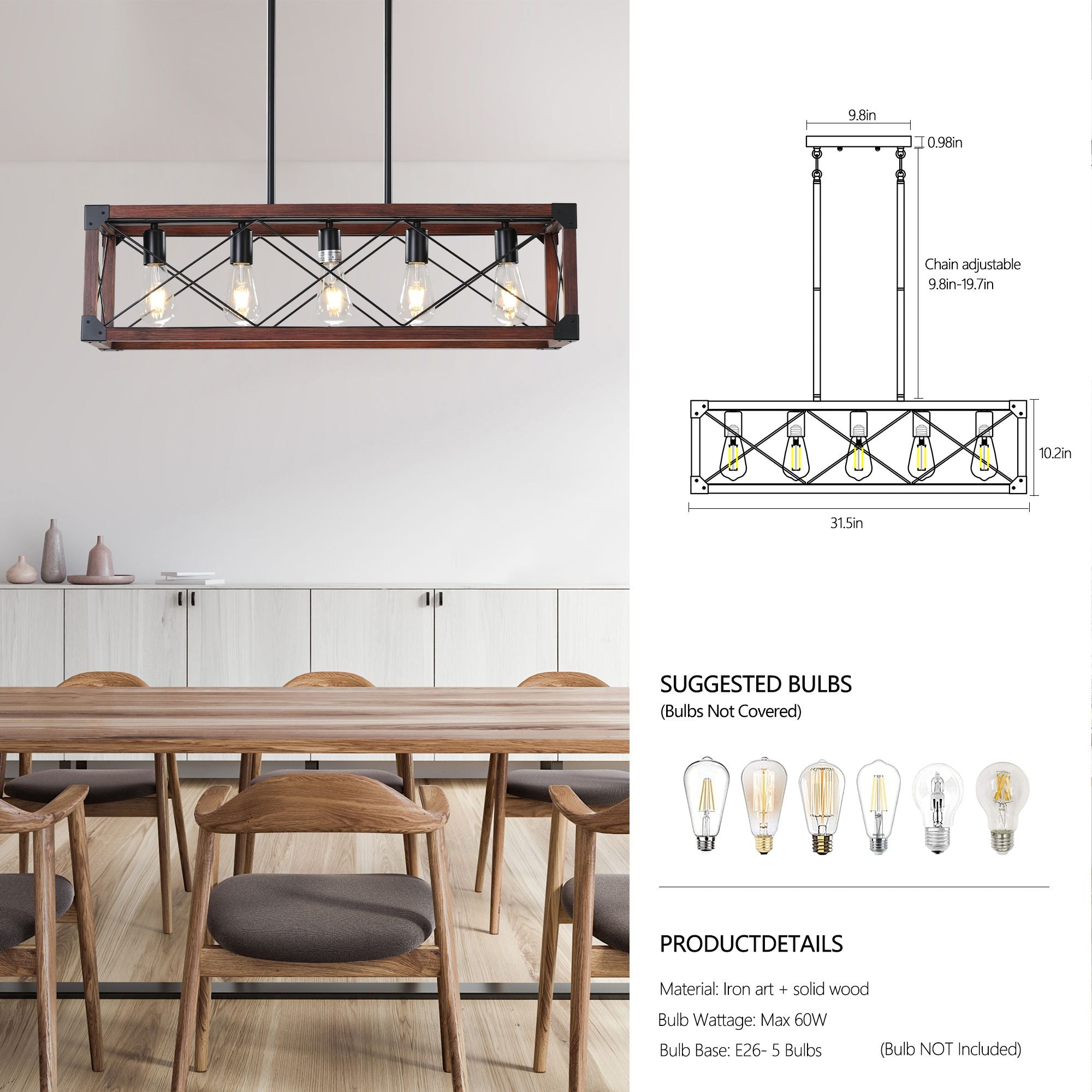 32-Inch 5-Light Farmhouse Wood Chandelier – product view 9 of 13