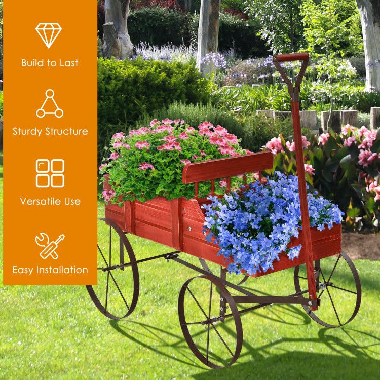 Wooden Wagon Plant Bed with Metal Wheels for Garden Yard Patio – product view 16 of 50