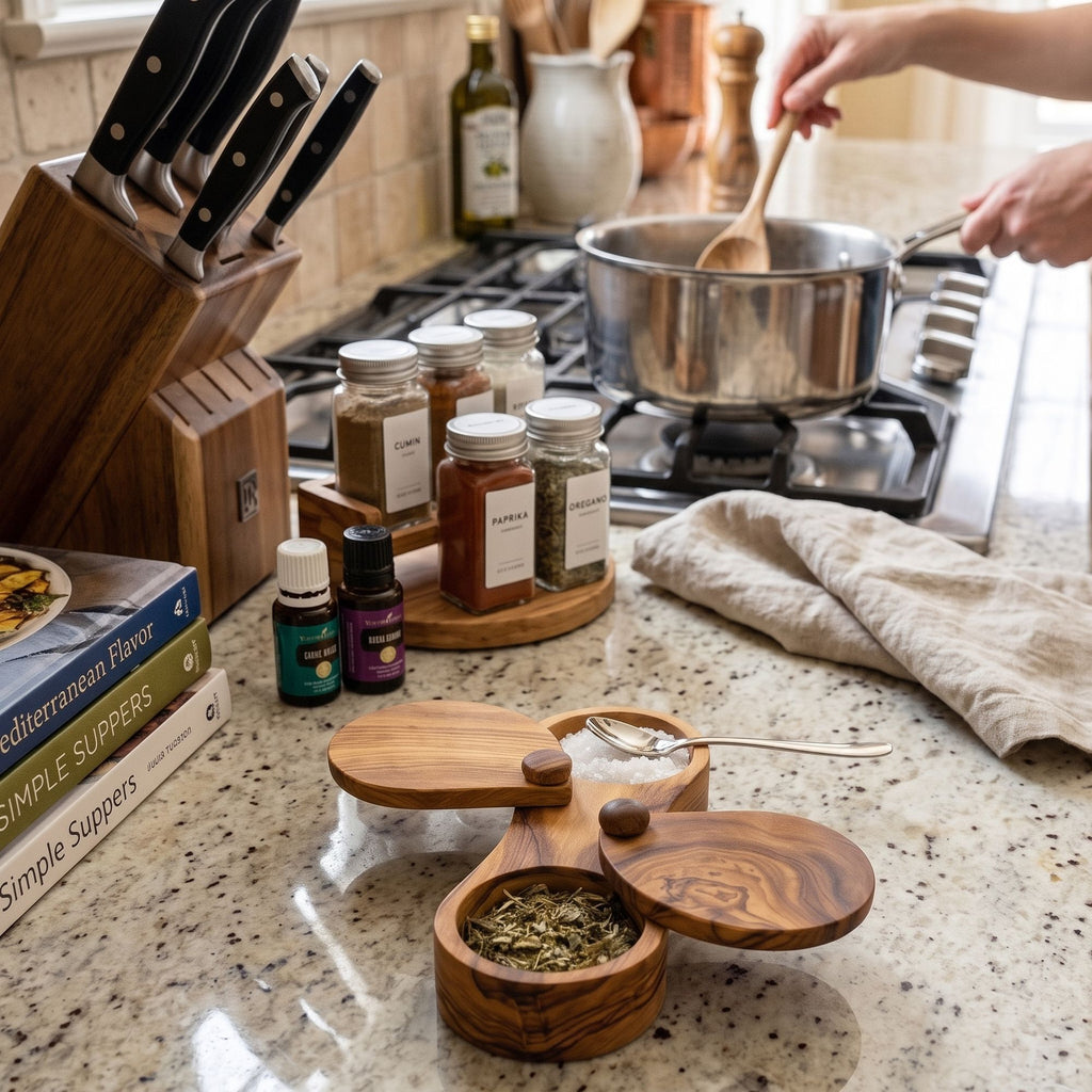 Olive Wood Dual Spice Box with Swivel Lids – product view 6 of 8