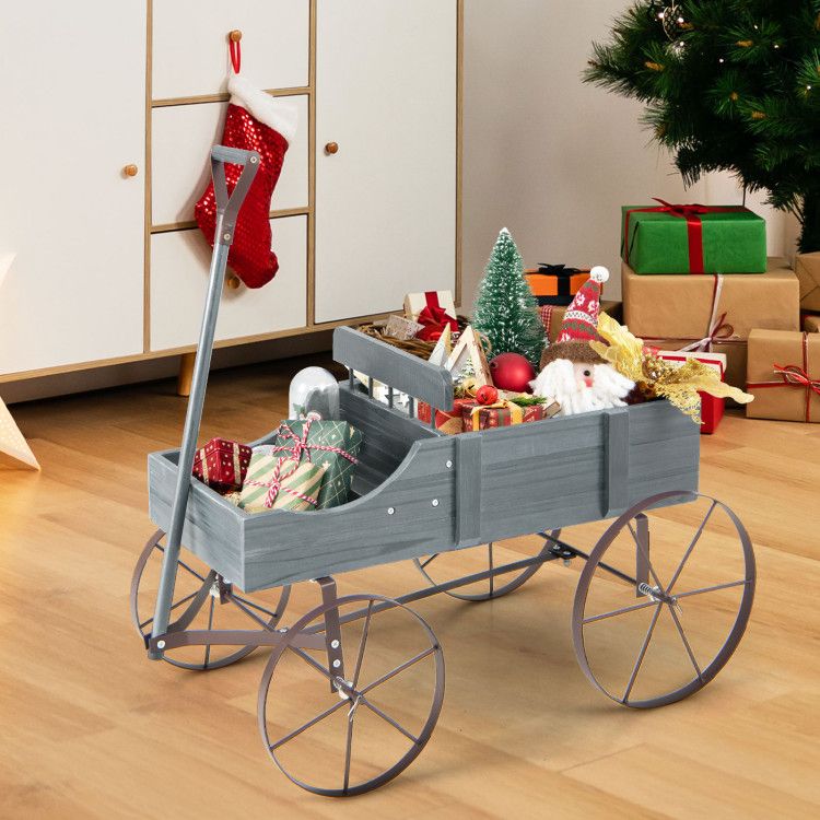Wooden Wagon Plant Bed with Metal Wheels for Garden Yard Patio – product view 46 of 50