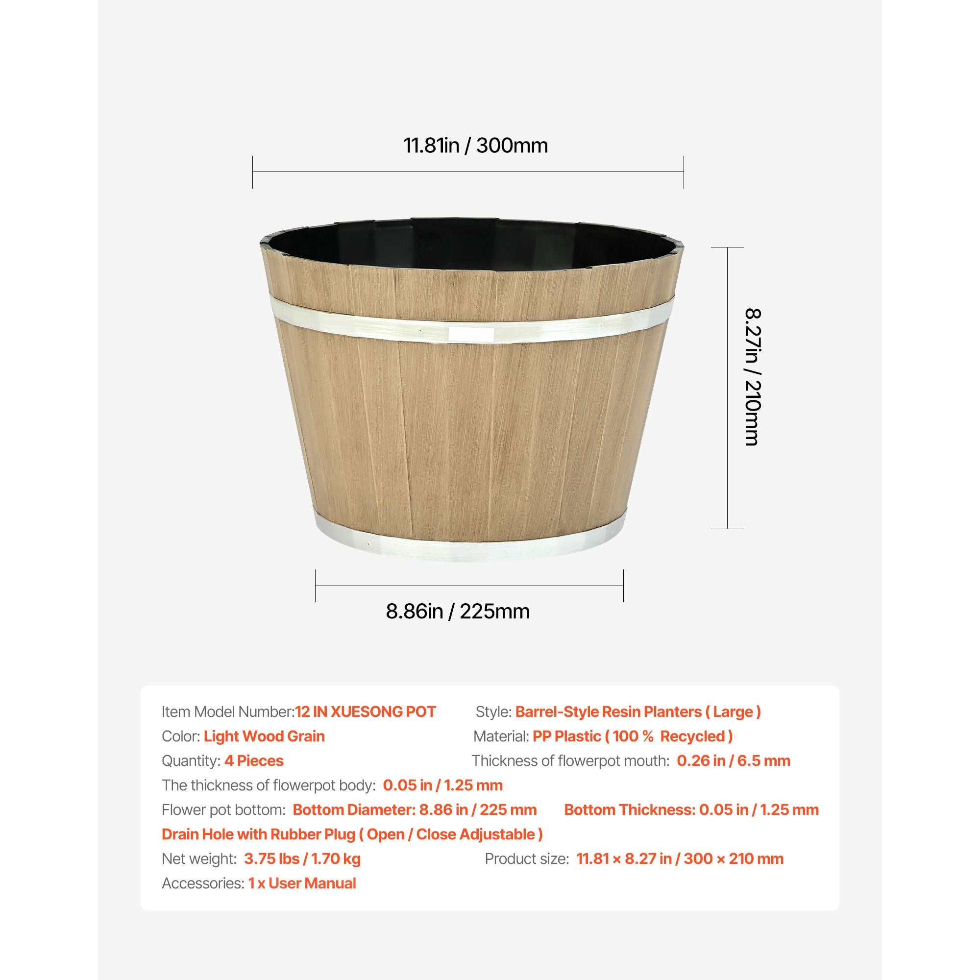 Plant Pots, 4 Pack 11.81 inch Whiskey Barrel Planters with Drainage Holes, Large Outside Plastic Decoration Flower Pot Imitation Wine Barrel Design for Indoor Outdoor Garden Home Plants, Brown – product view 9 of 9