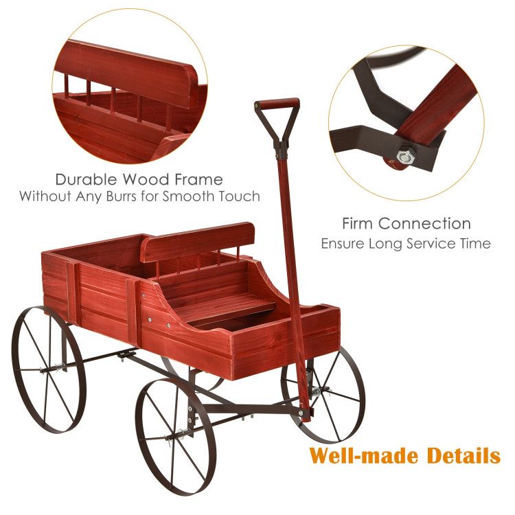Wooden Wagon Plant Bed with Metal Wheels for Garden Yard Patio – product view 13 of 50