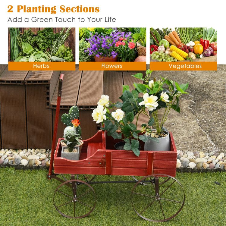 Wooden Wagon Plant Bed with Metal Wheels for Garden Yard Patio – product view 14 of 50