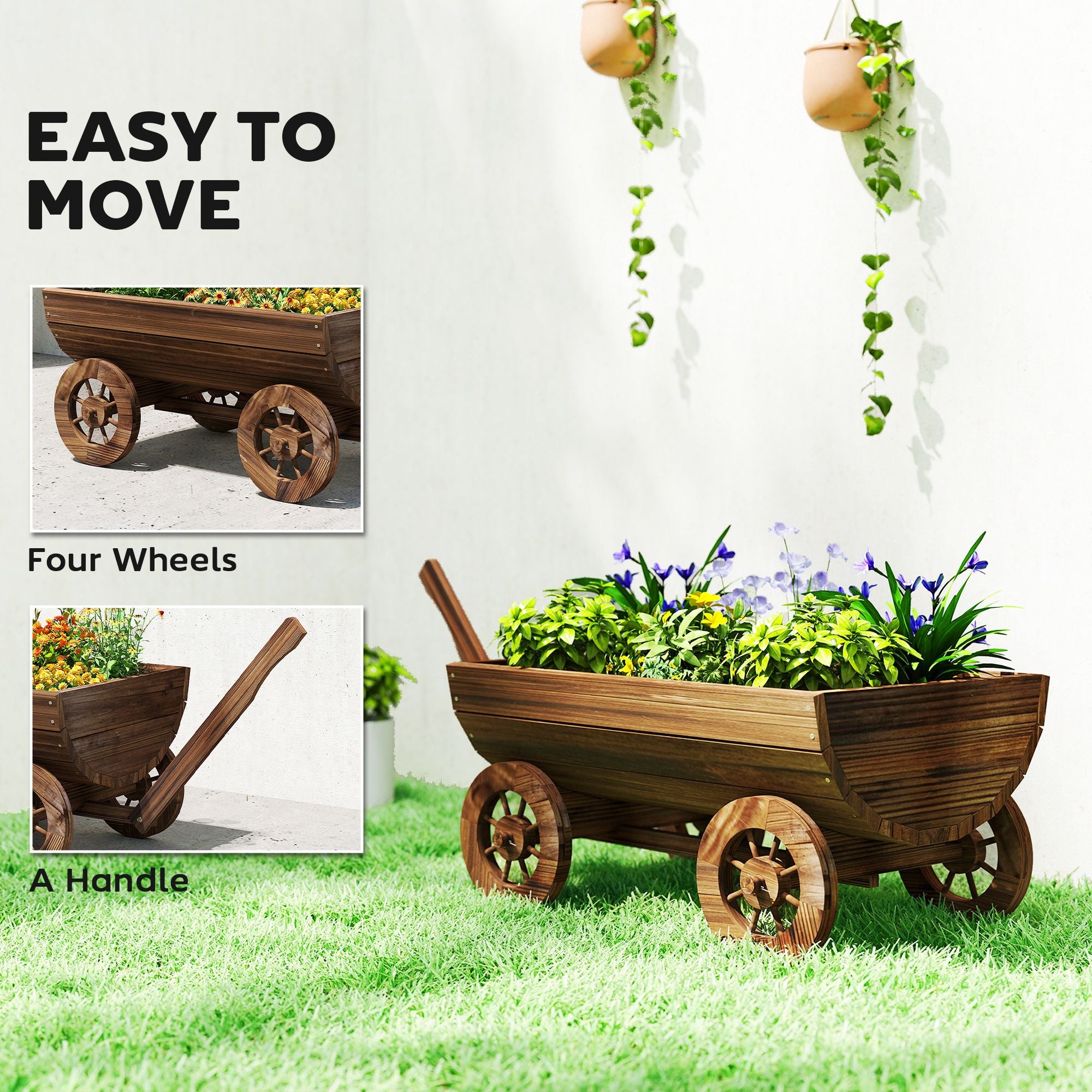 Wooden Wagon Planter Box, Mobile Garden Planter with 4 Wheels, Small Wheelbarrow Wagon Flower Cart with Drainage Hole – product view 6 of 11