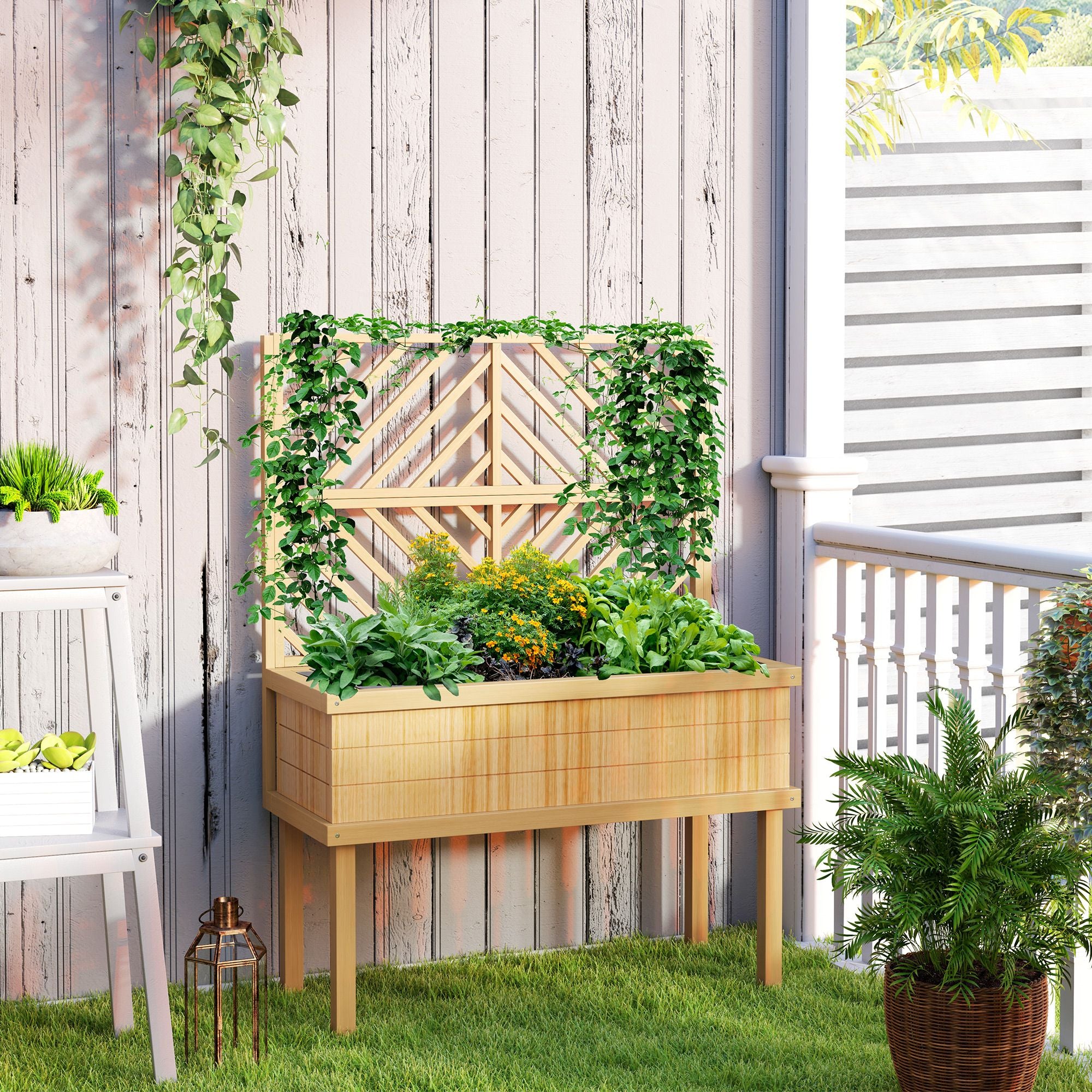 Elevated Wood Planter with Trellis for Climbing Plants, Raised Garden Bed with Legs and Drainage Holes, Natural Wood – product view 9 of 11