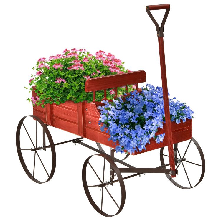 Wooden Wagon Plant Bed with Metal Wheels for Garden Yard Patio – main product view