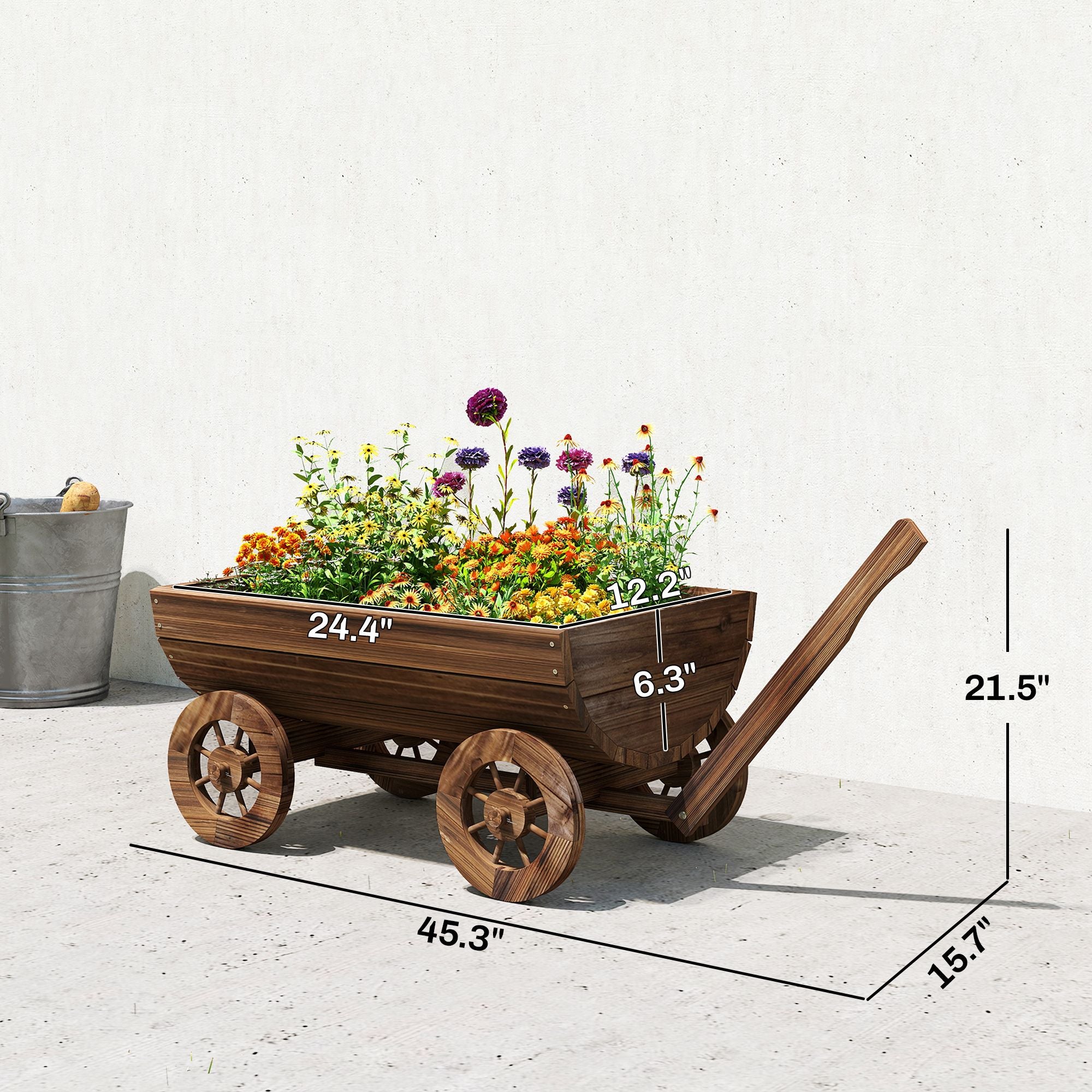 Wooden Wagon Planter Box, Mobile Garden Planter with 4 Wheels, Small Wheelbarrow Wagon Flower Cart with Drainage Hole – product view 3 of 11