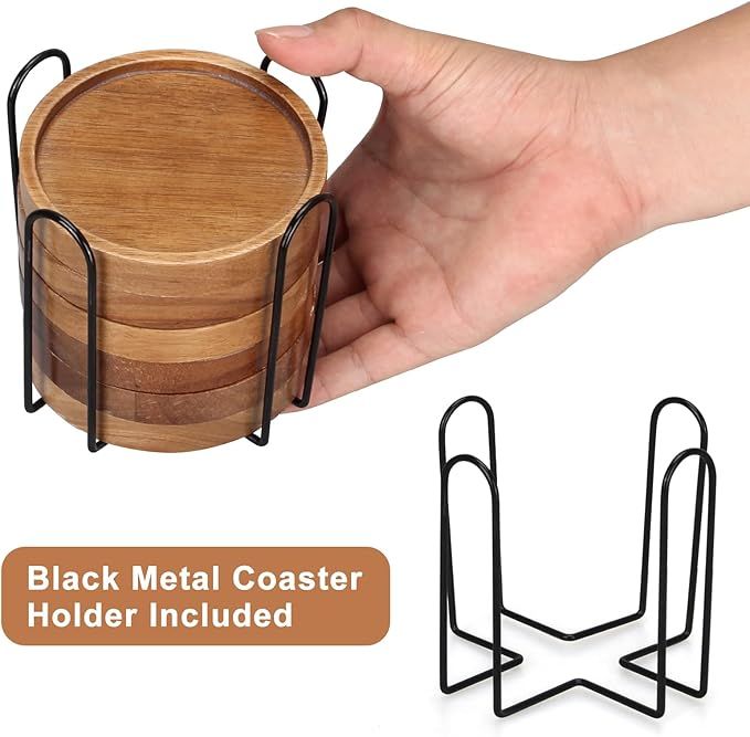 Set of 6 Acacia Wood Coasters with Holder – product view 3 of 3