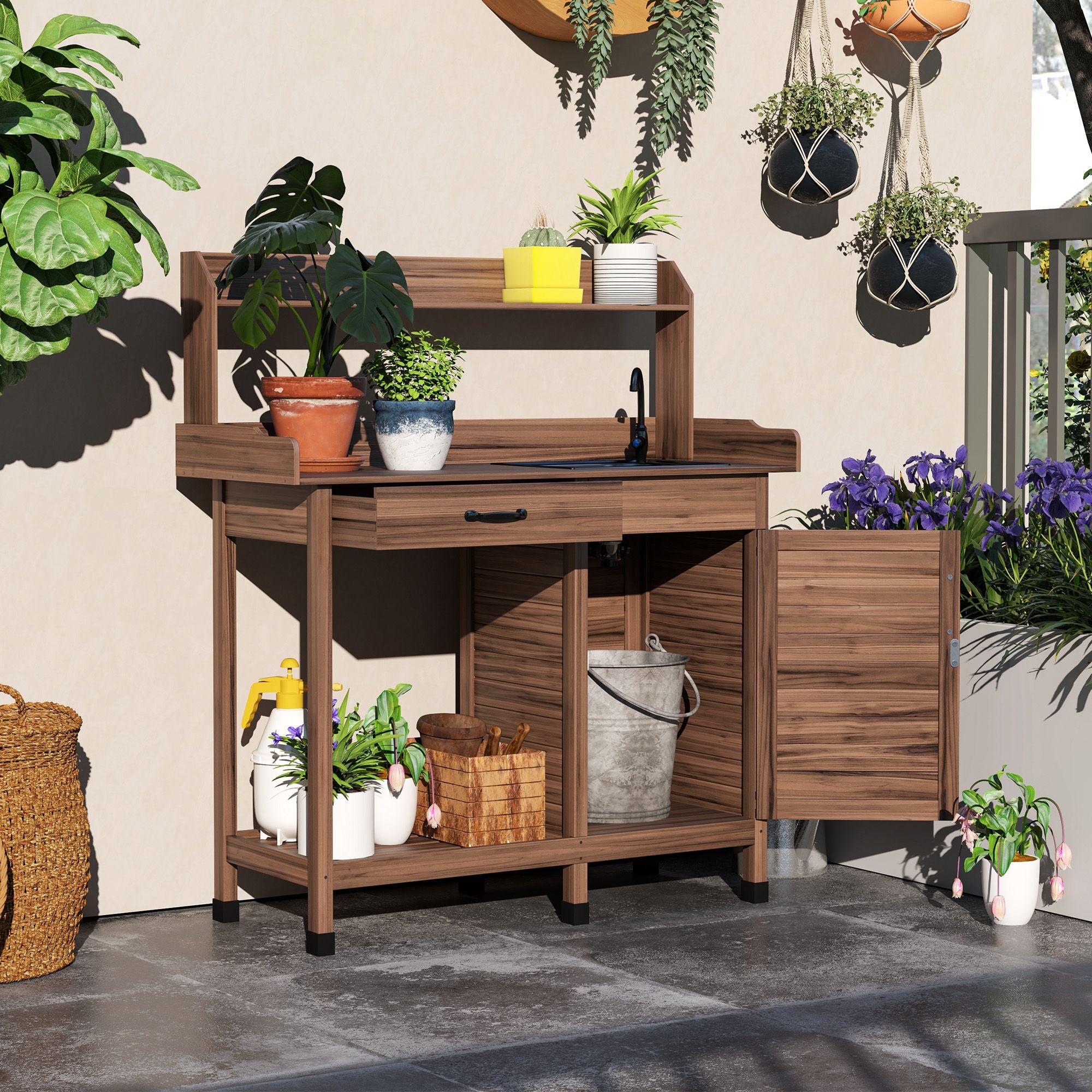 Fir Wood Potting Bench with Sink and Cabinet – product view 2 of 11