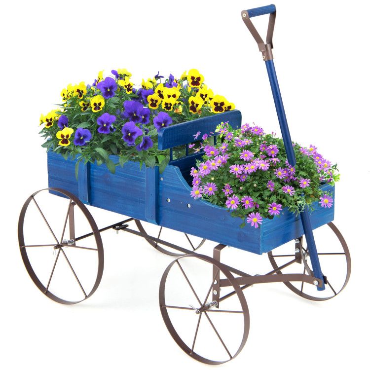 Wooden Wagon Plant Bed with Metal Wheels for Garden Yard Patio – product view 4 of 50