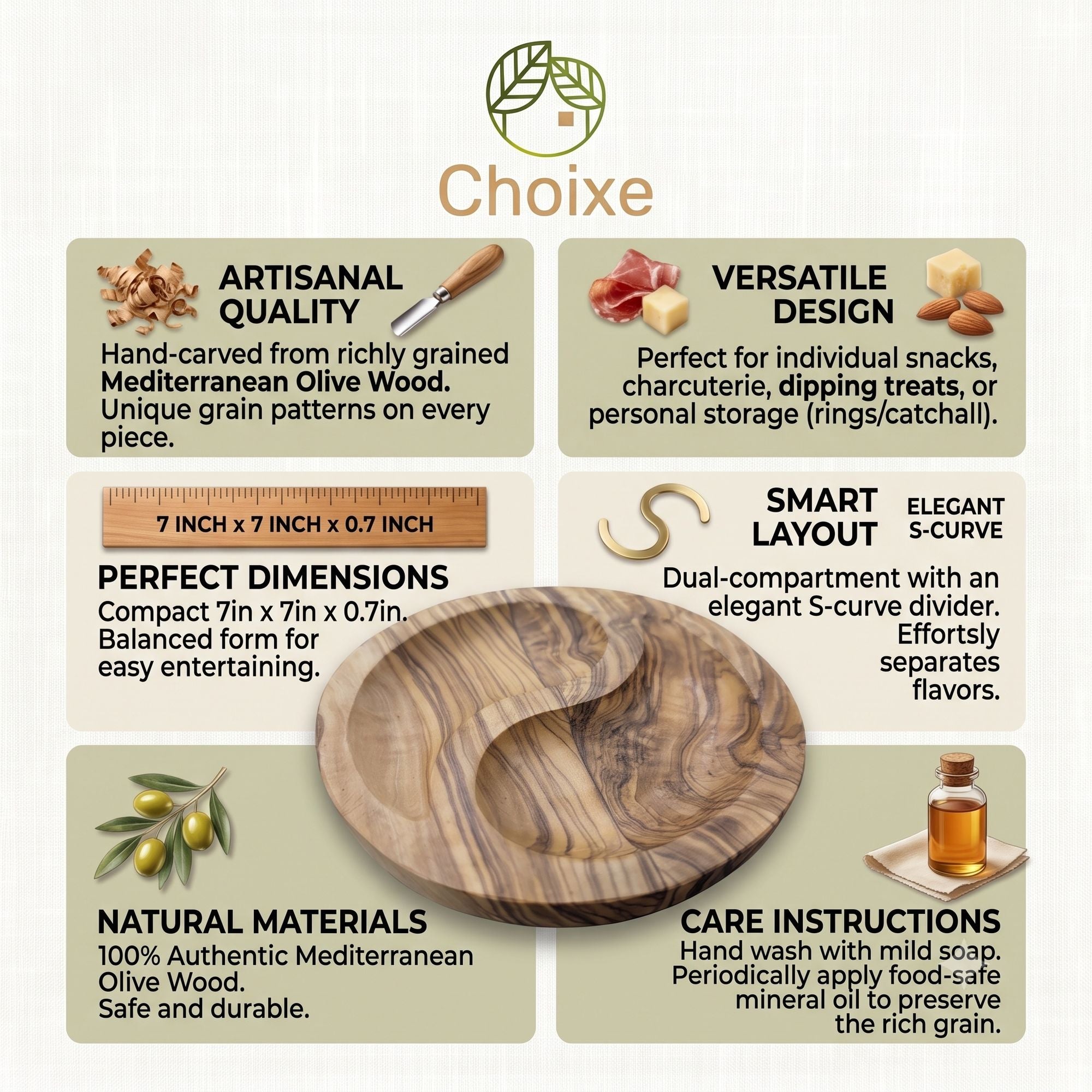 7-Inch Olive Wood Divided Snack Dish – product view 5 of 7