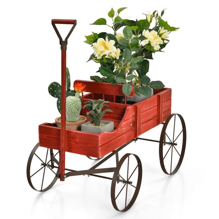 Wooden Wagon Plant Bed with Metal Wheels for Garden Yard Patio – main product view