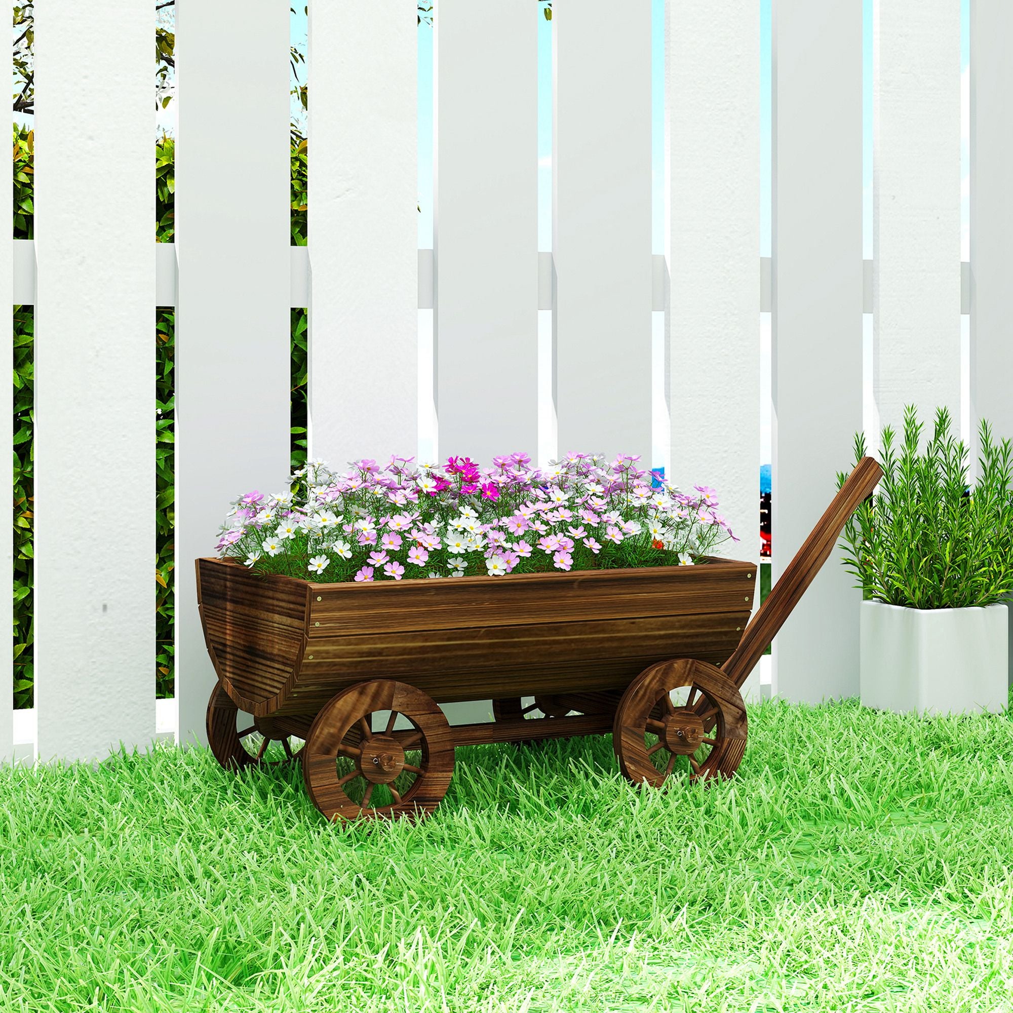 Wooden Wagon Planter Box, Mobile Garden Planter with 4 Wheels, Small Wheelbarrow Wagon Flower Cart with Drainage Hole – product view 2 of 11