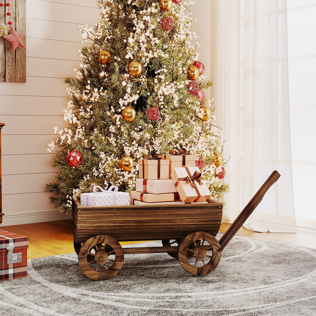 Wooden Wagon Planter Box, Mobile Garden Planter with 4 Wheels, Small Wheelbarrow Wagon Flower Cart with Drainage Hole – product view 9 of 11