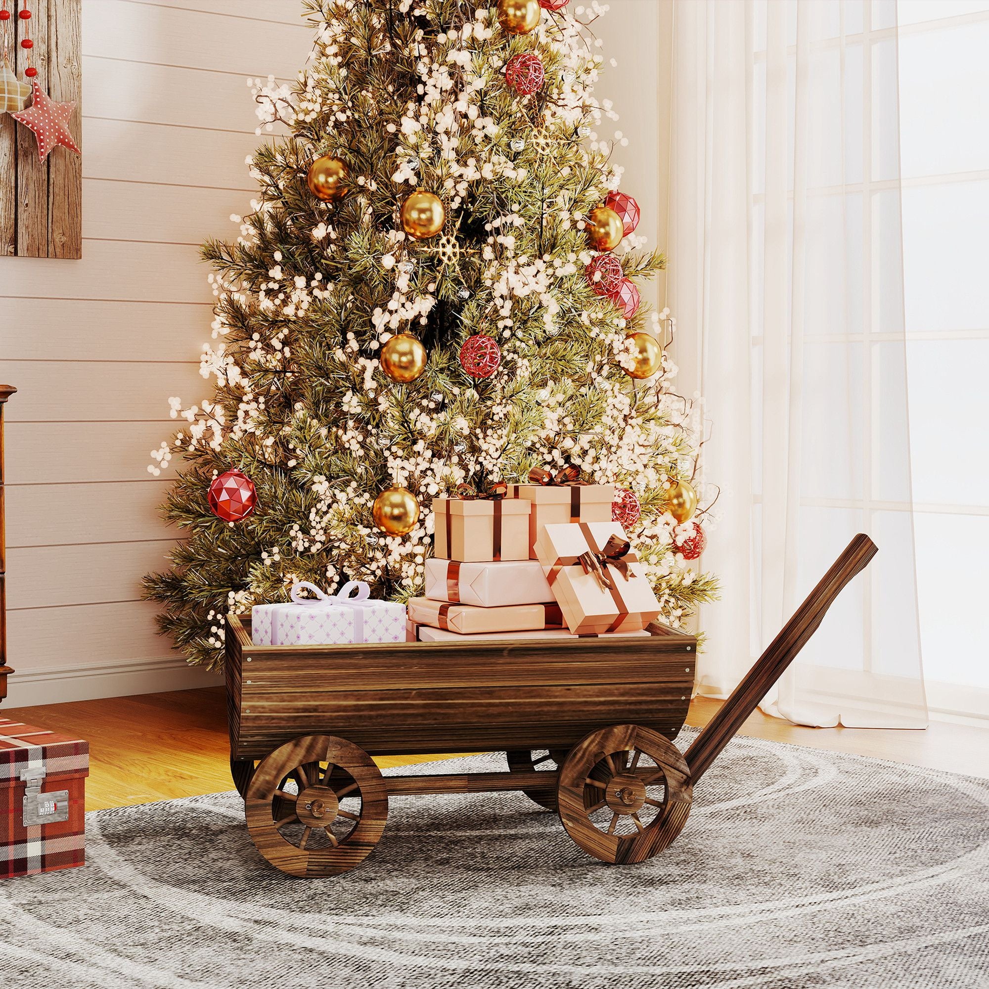 Wooden Wagon Planter Box, Mobile Garden Planter with 4 Wheels, Small Wheelbarrow Wagon Flower Cart with Drainage Hole – product view 9 of 11