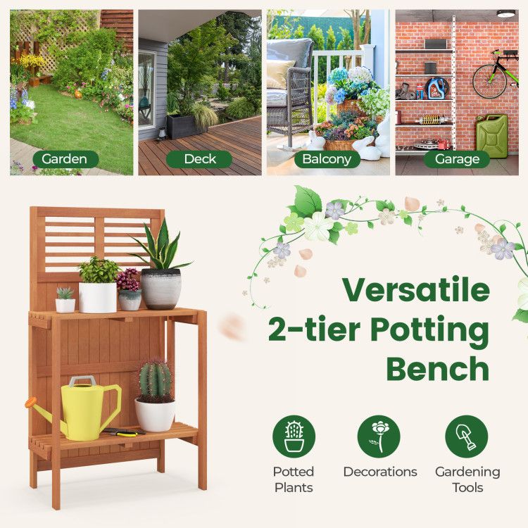 Folding Garden Potting Bench with 2-tier Storage Shelves and Teak Oil Finish for Garden Yard Balcony – product view 7 of 9