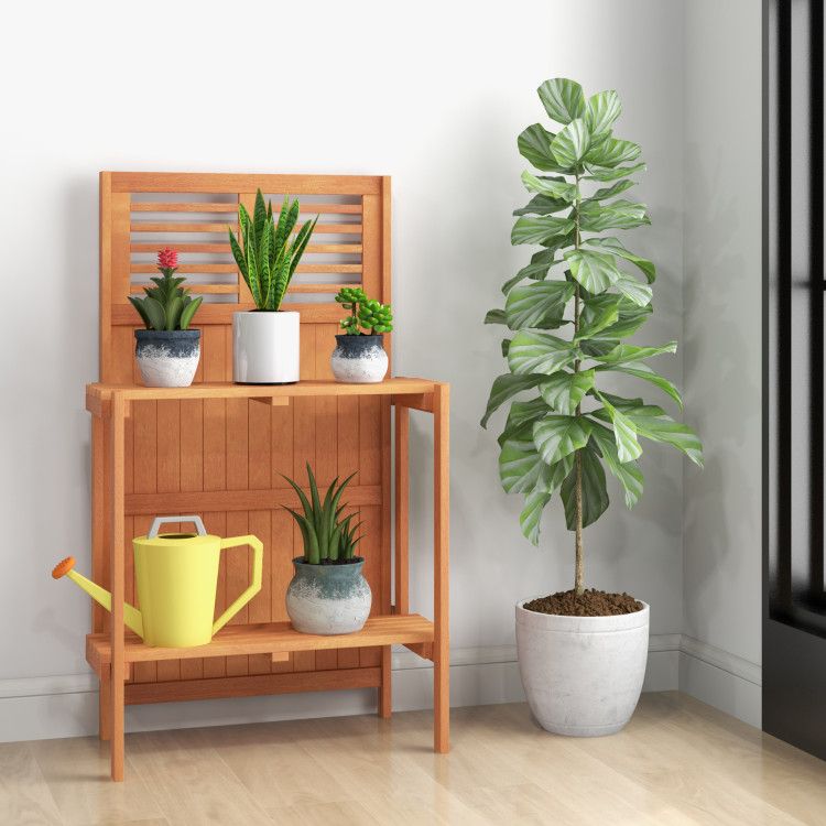 Folding Garden Potting Bench with 2-tier Storage Shelves and Teak Oil Finish for Garden Yard Balcony – product view 6 of 9